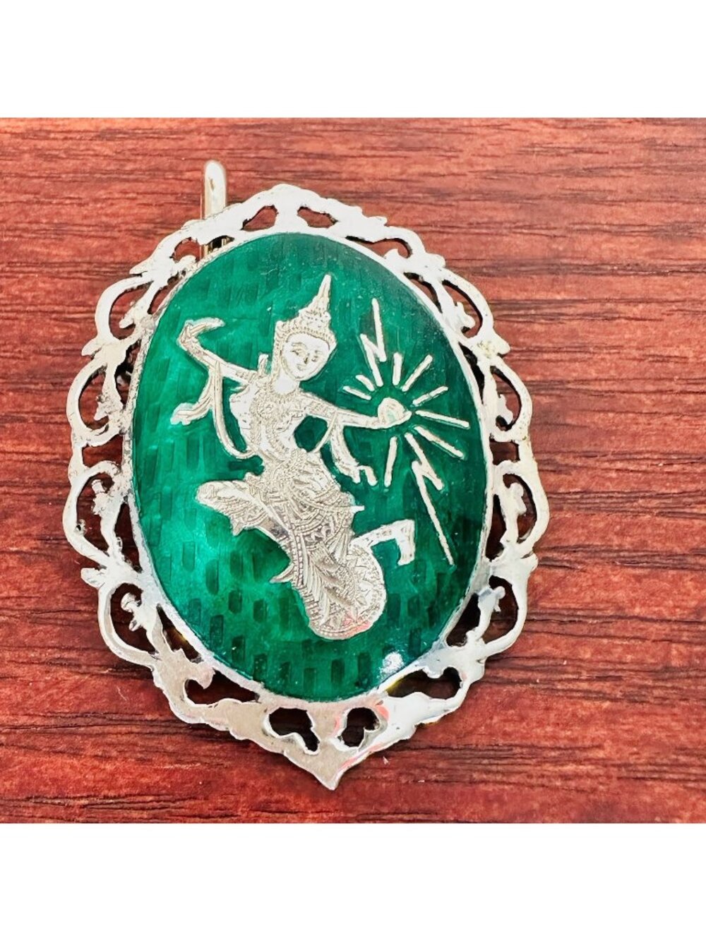 Antique Round Sterling Silver Siam Dancer Mekkala Niello Enamel Pin Brooch Green